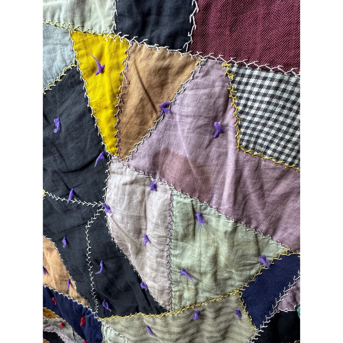 Vtg 1930s 1940s Crazy Quilt Handmade Initialed Tieback Multicolor 64”x71”