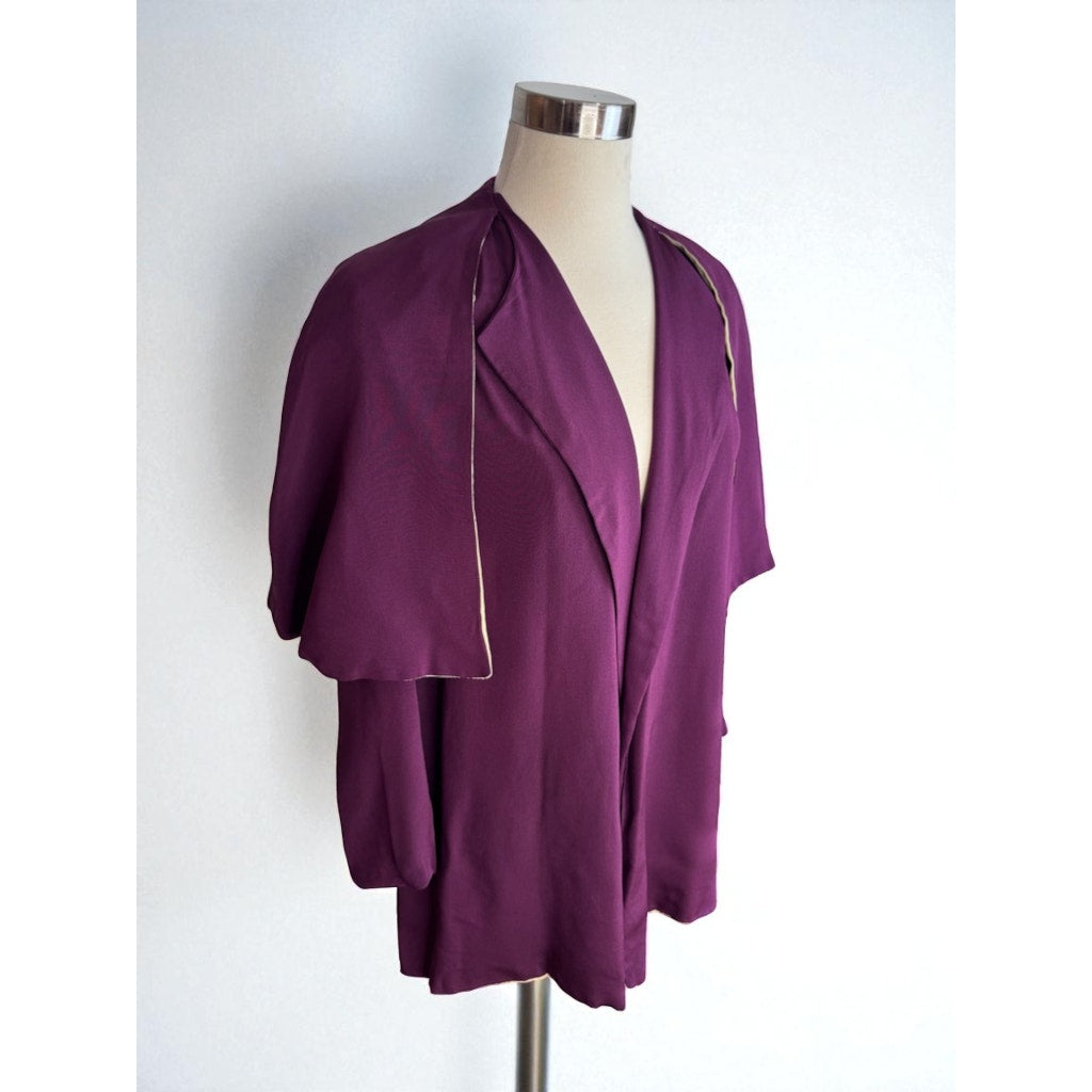 Vintage 1920s Top Cape Jacket Open Front Plum Eggplant Lined Repaired Medium