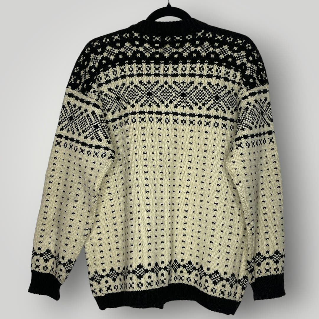 Vintage Handmade Knit Scandinavian Cardigan Sweater Cream Black Large XL Wool