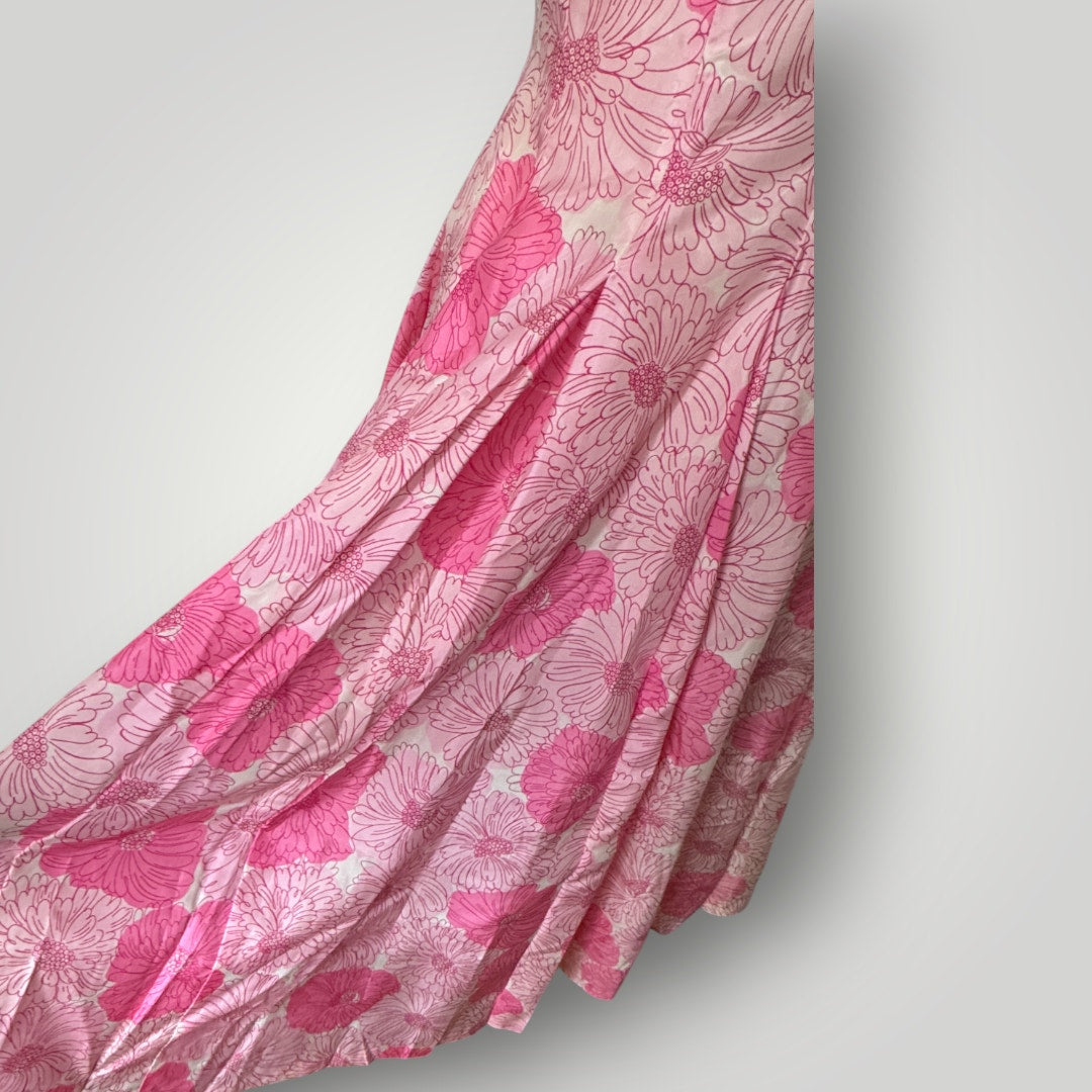 Vintage Pat Hartley 1950s Pink Floral Cocktail Dress Pleated Full Skirt Bow Sm