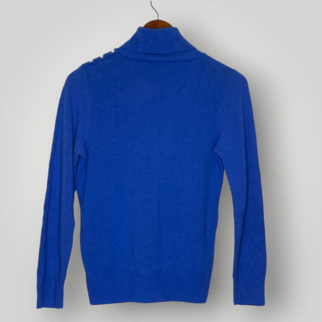 Vintage Blue Wool Lightweight Sweater Pearls Turtleneck Knit Women's Small