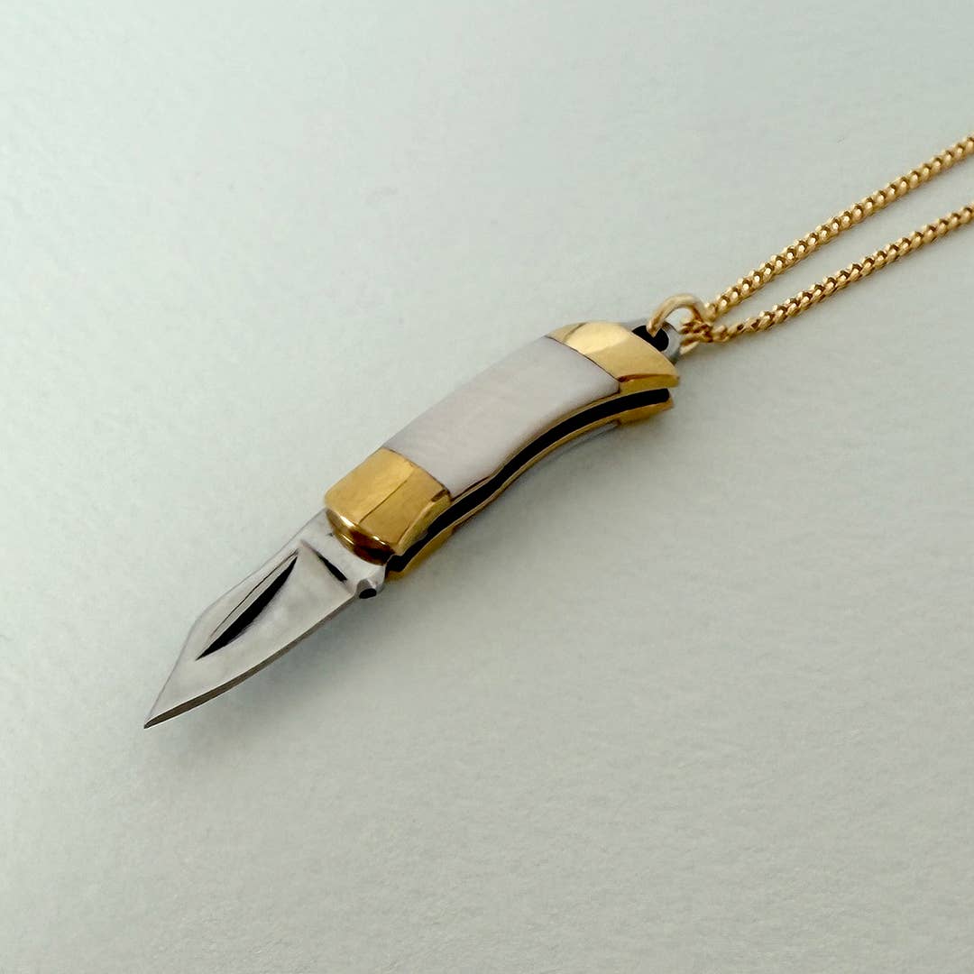Tiny Pearl Handle Knife on Gold Chain Necklace