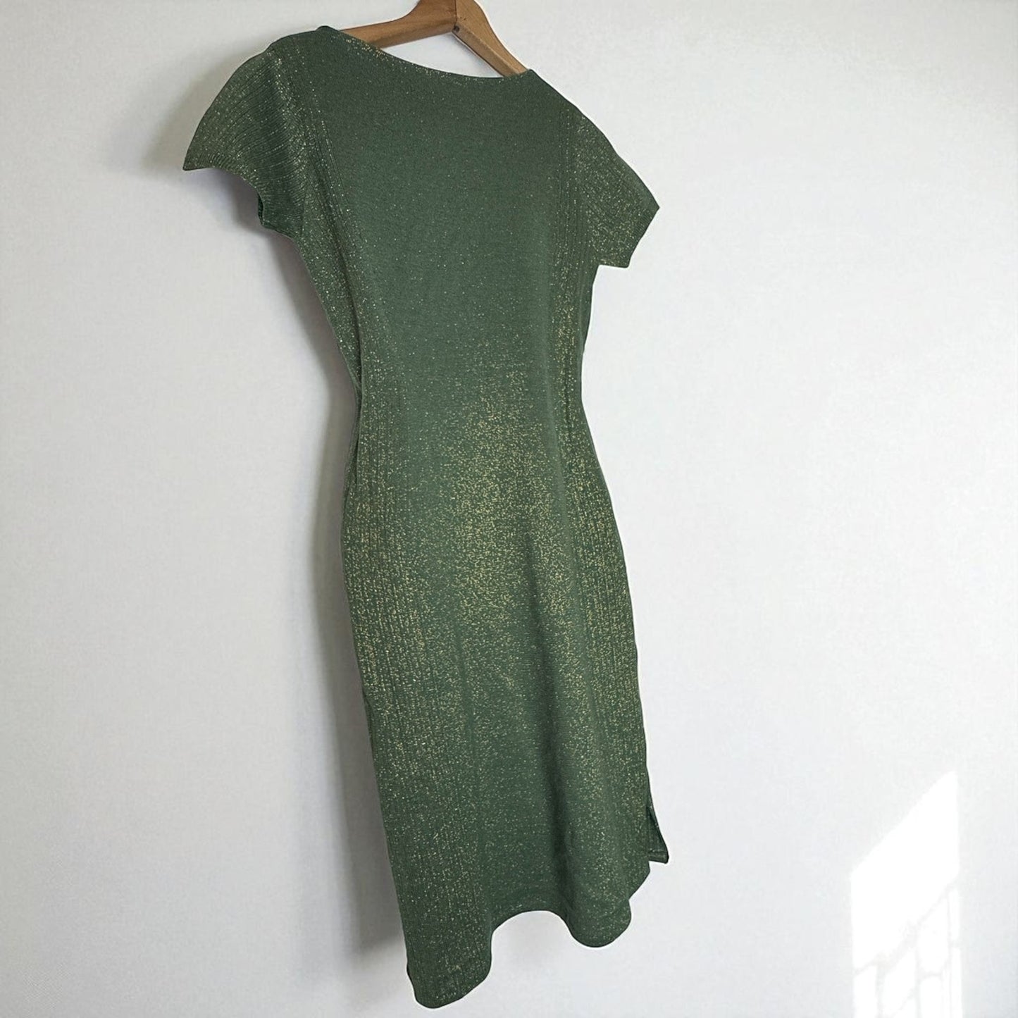Vintage Dress Luisa Spagnoli Green Wool Lurex Metallic Gold Wiggle Knee Small