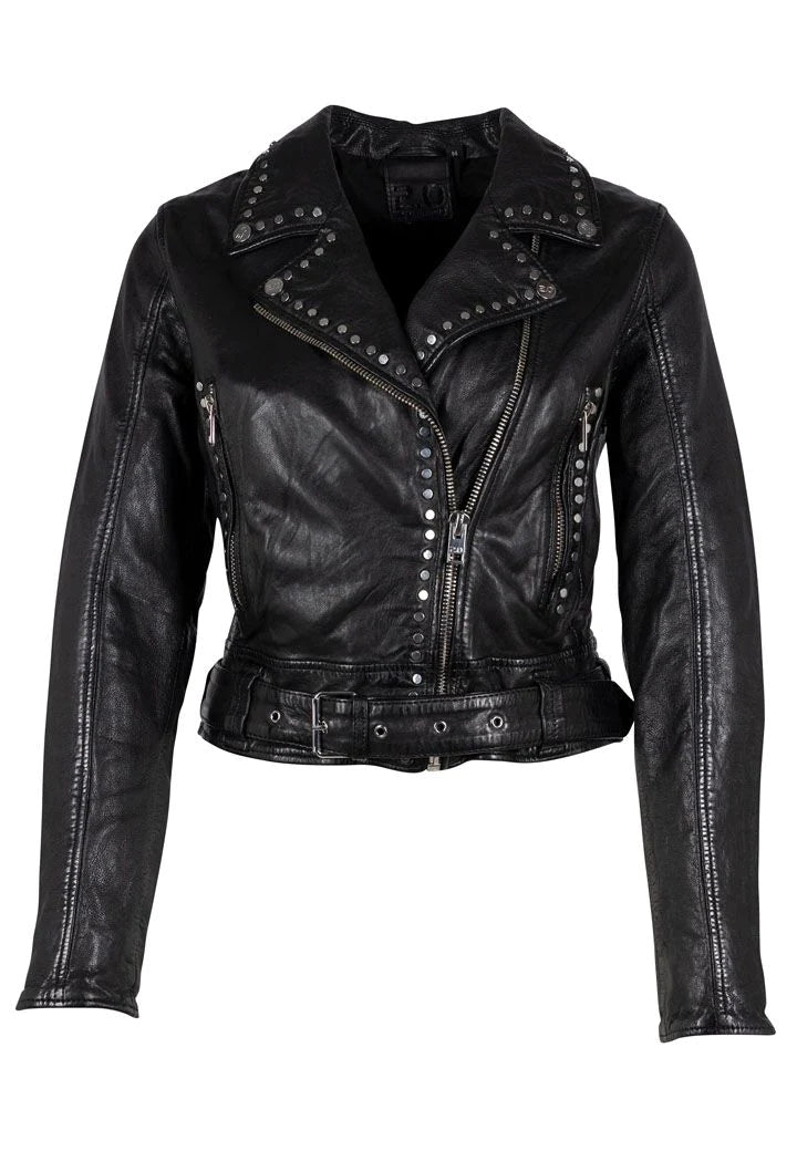 Maryn Cropped Studded Leather Jacket - Black