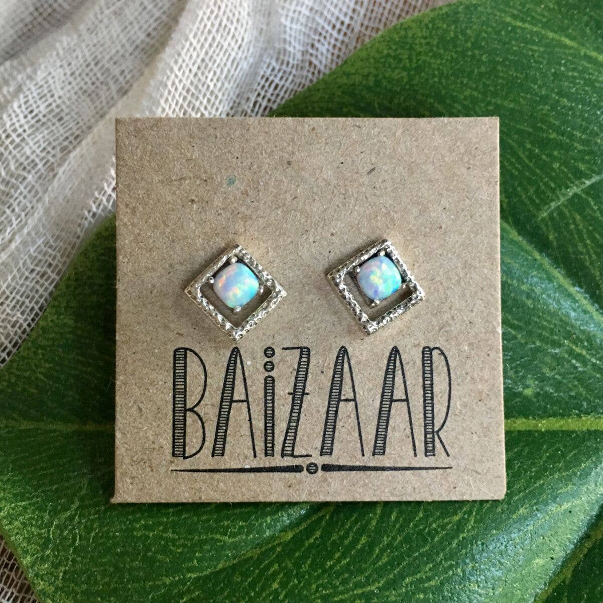 Sterling Silver Geometric and Opal Stud Earring