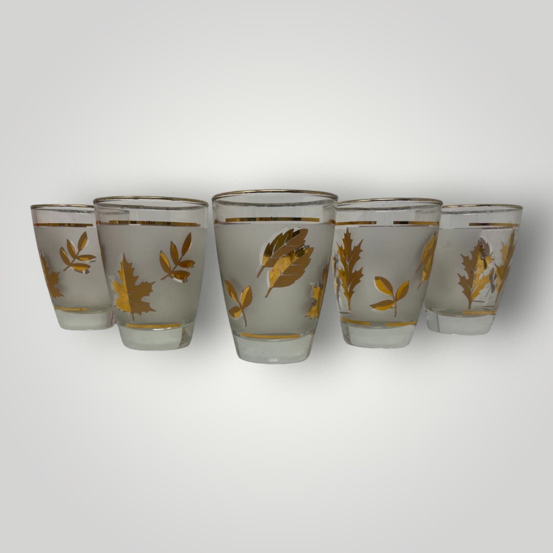 Vintage Libbey Golden Foliage Juice Glasses Retro MCM Barware Gold Frosted Leaves