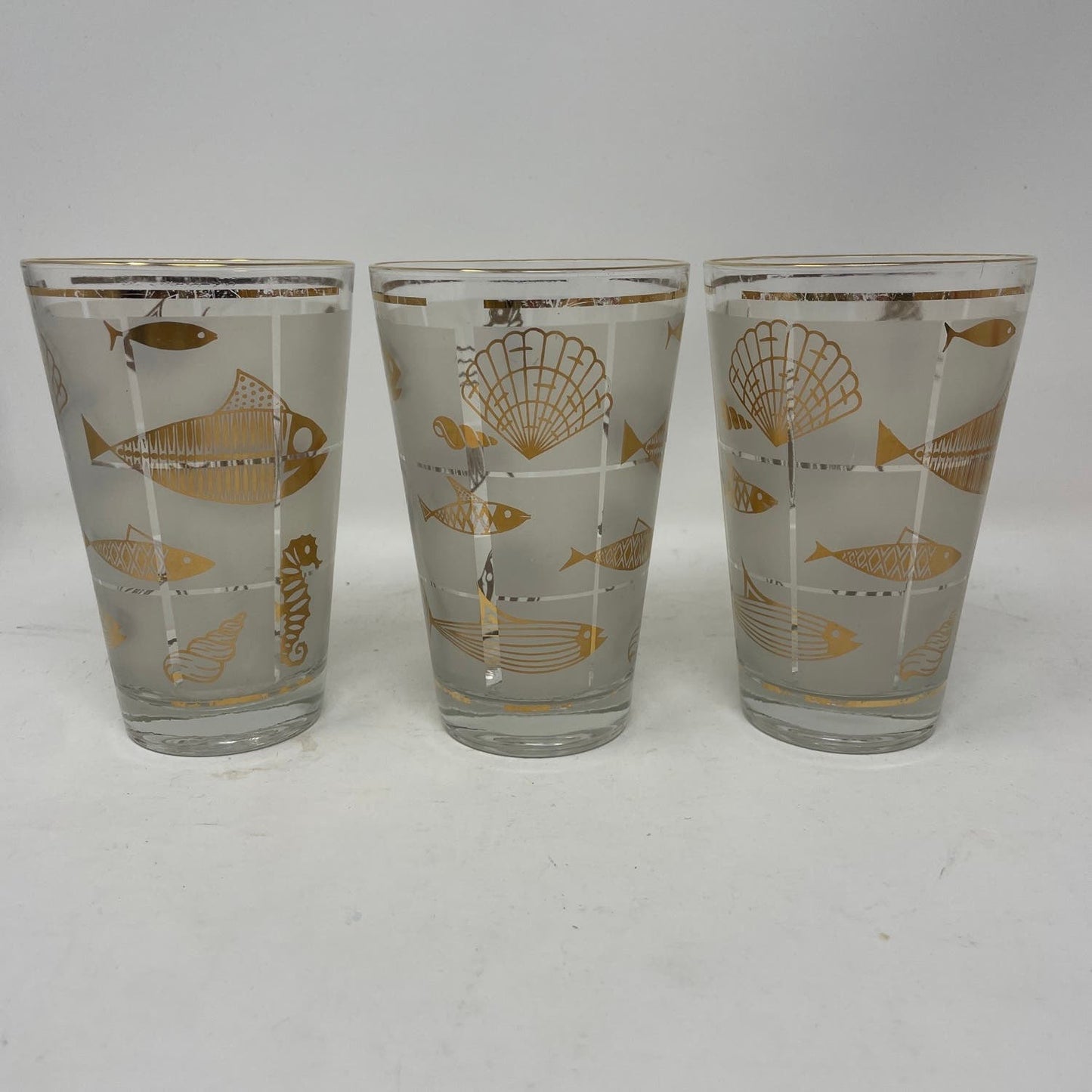 Highball Glasses Frosted 22k Gold Fish Shell Decor Set 3 Mid Century Modern