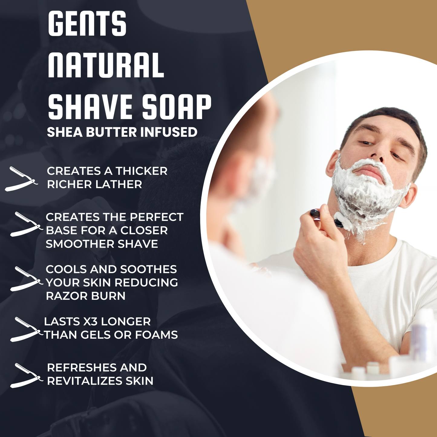 Advertisement for Gents Natural Shave Soap with a man shaving and product benefits listed.
