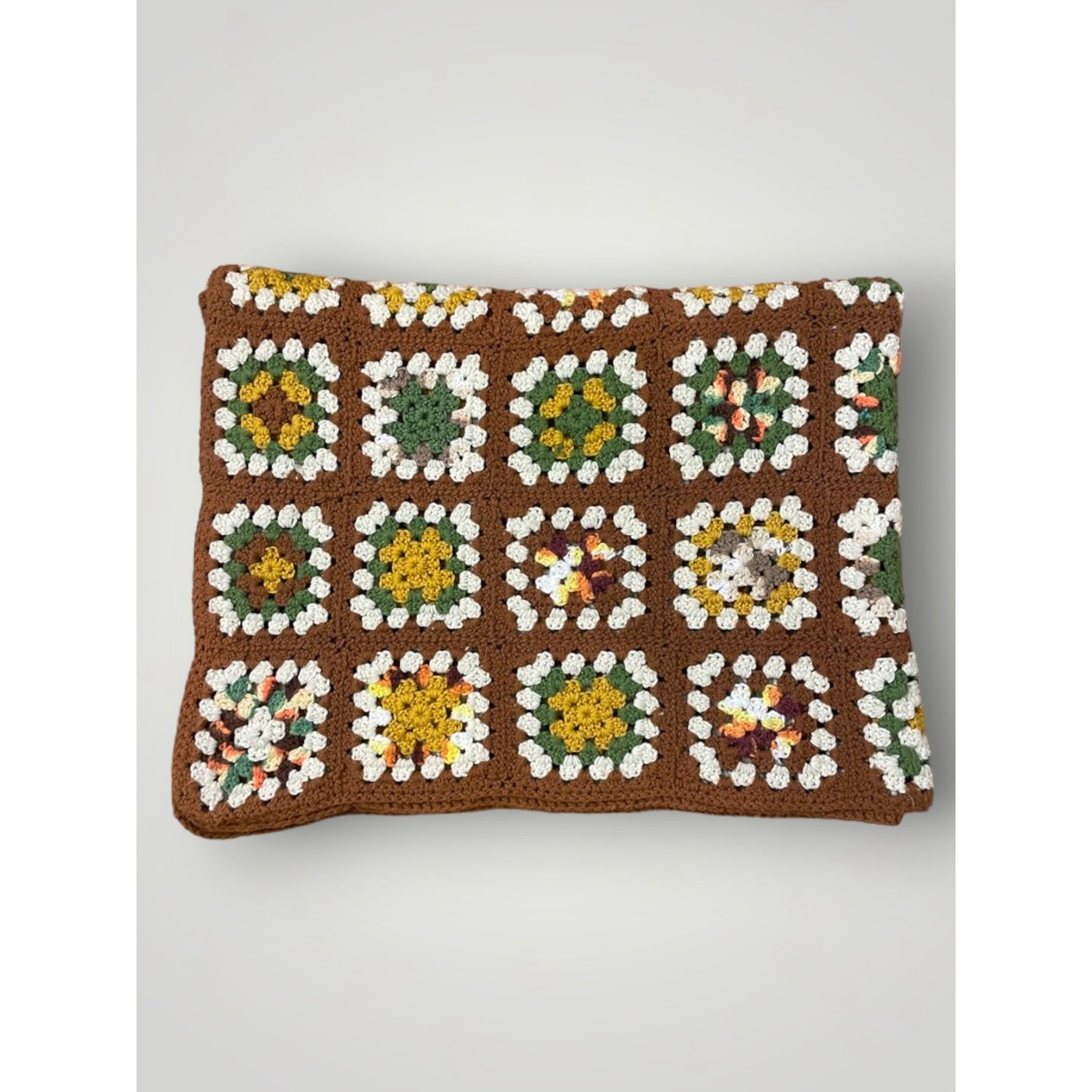 Vtg Granny Square Afghan Brown Green Multicolor 50x82 Handmade Crocheted