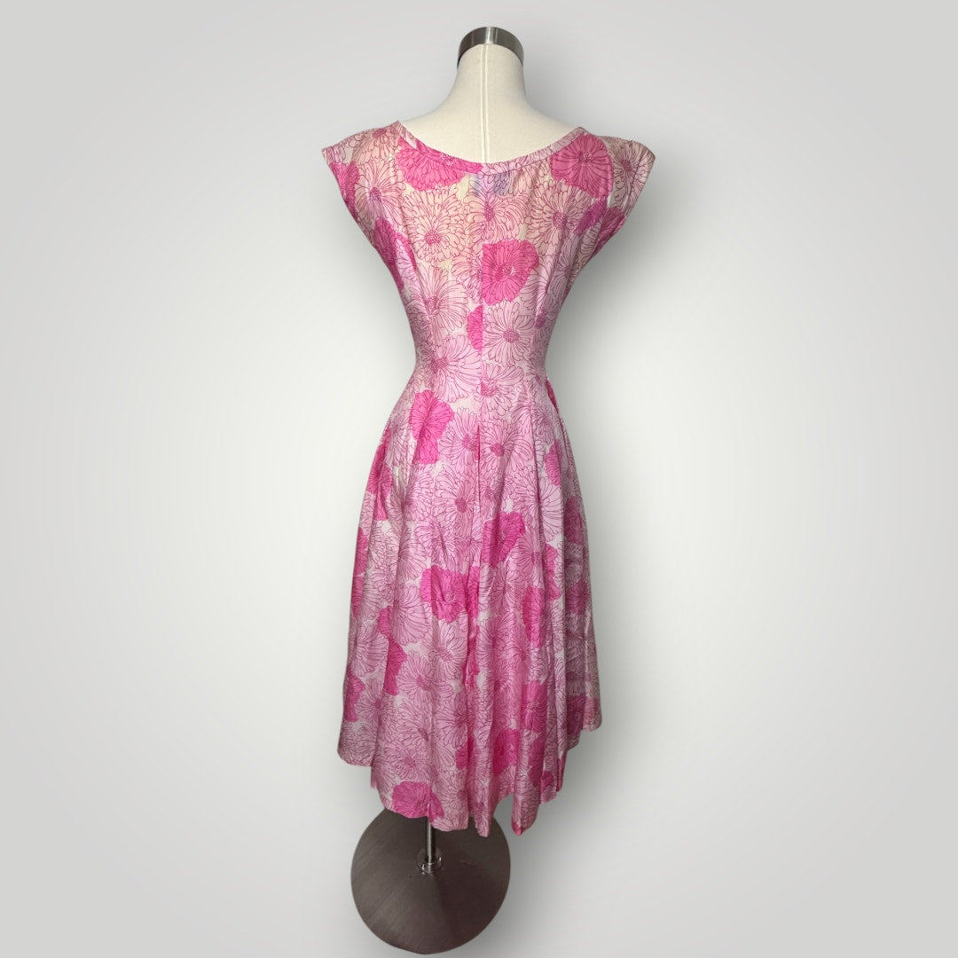 Vintage Pat Hartley 1950s Pink Floral Cocktail Dress Pleated Full Skirt Bow Sm