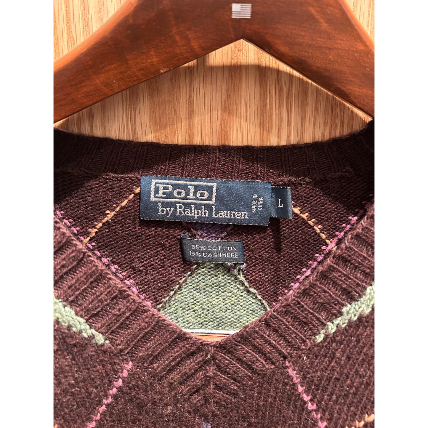 Vintage 1990s Polo Ralph Lauren Cotton Cashmere Blens Argyle Sweater Brown L