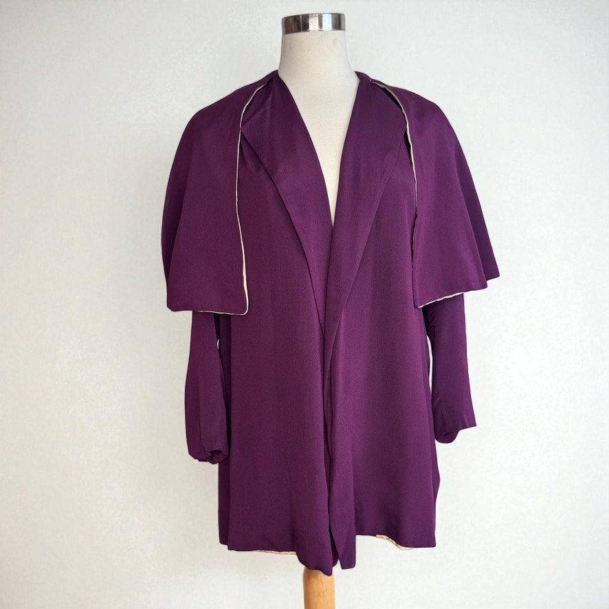 Vintage 1920s Top Cape Jacket Open Front Plum Eggplant Lined Repaired Medium