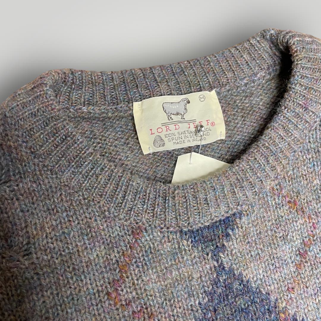 Vintage Shetland Wool Crewneck Pullover Argyle Lord Jeff 1970s Gray Blue Large