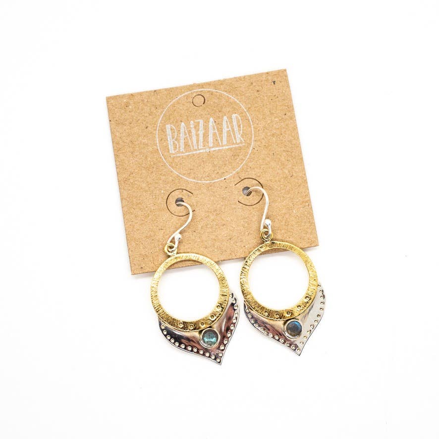Two Tone Silver and Brass Earring with Labradorite