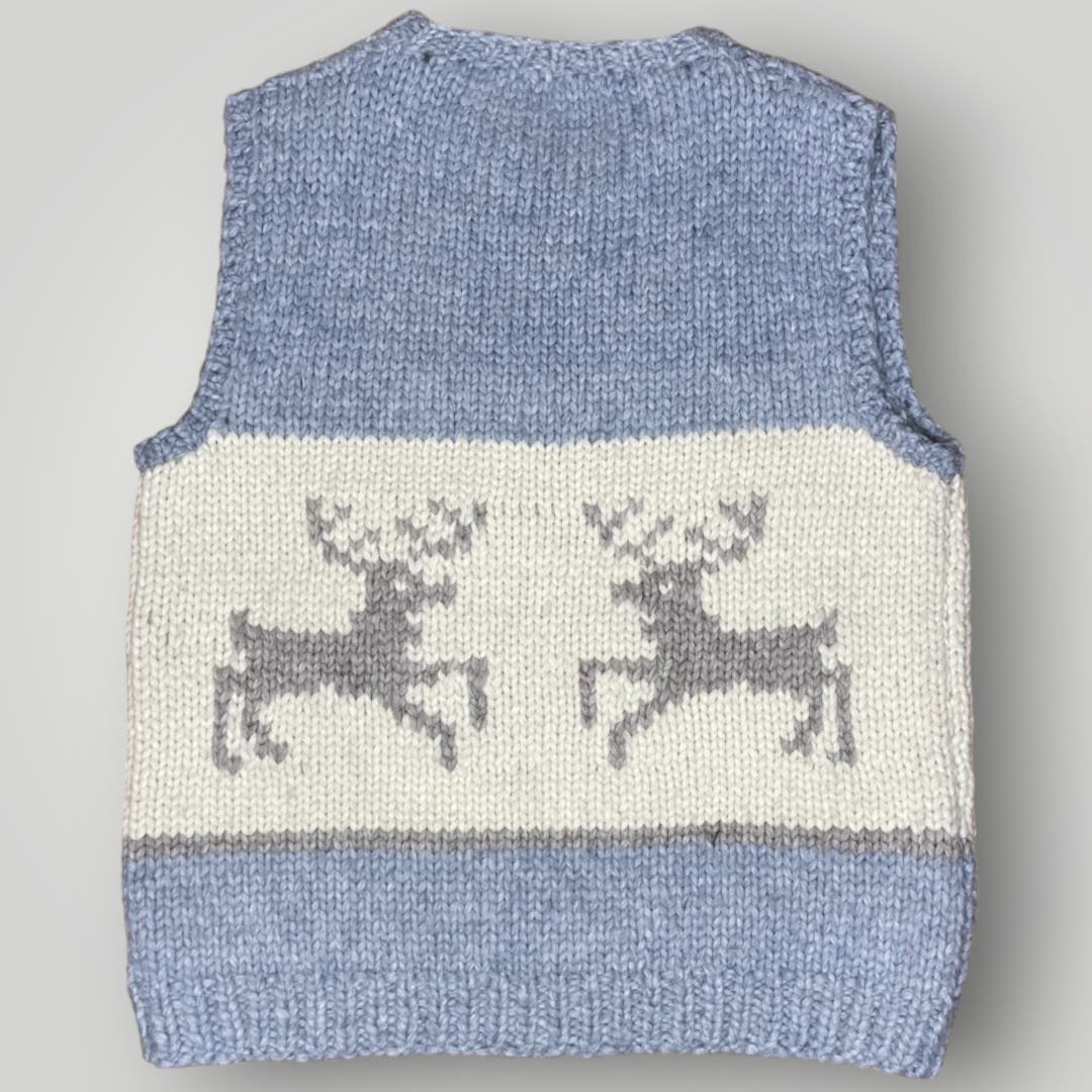Vintage Knit Sweater Vest Reindeer Heavy Wool Handmade Gray Cream Zip Front L