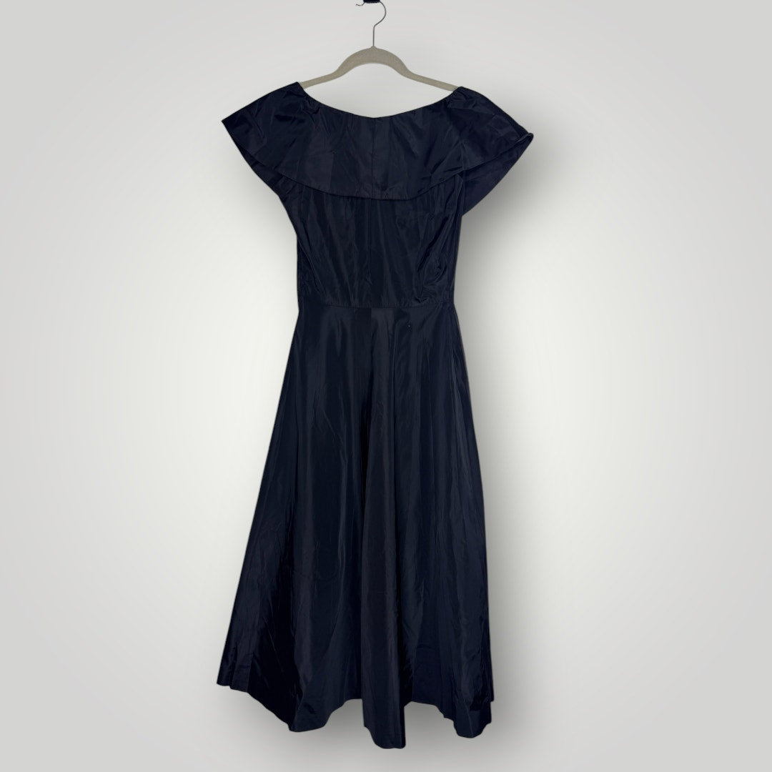 Vintage 1950s Off the Shoulder Taffeta Cocktail Dress Handmade Buttons XS Black
