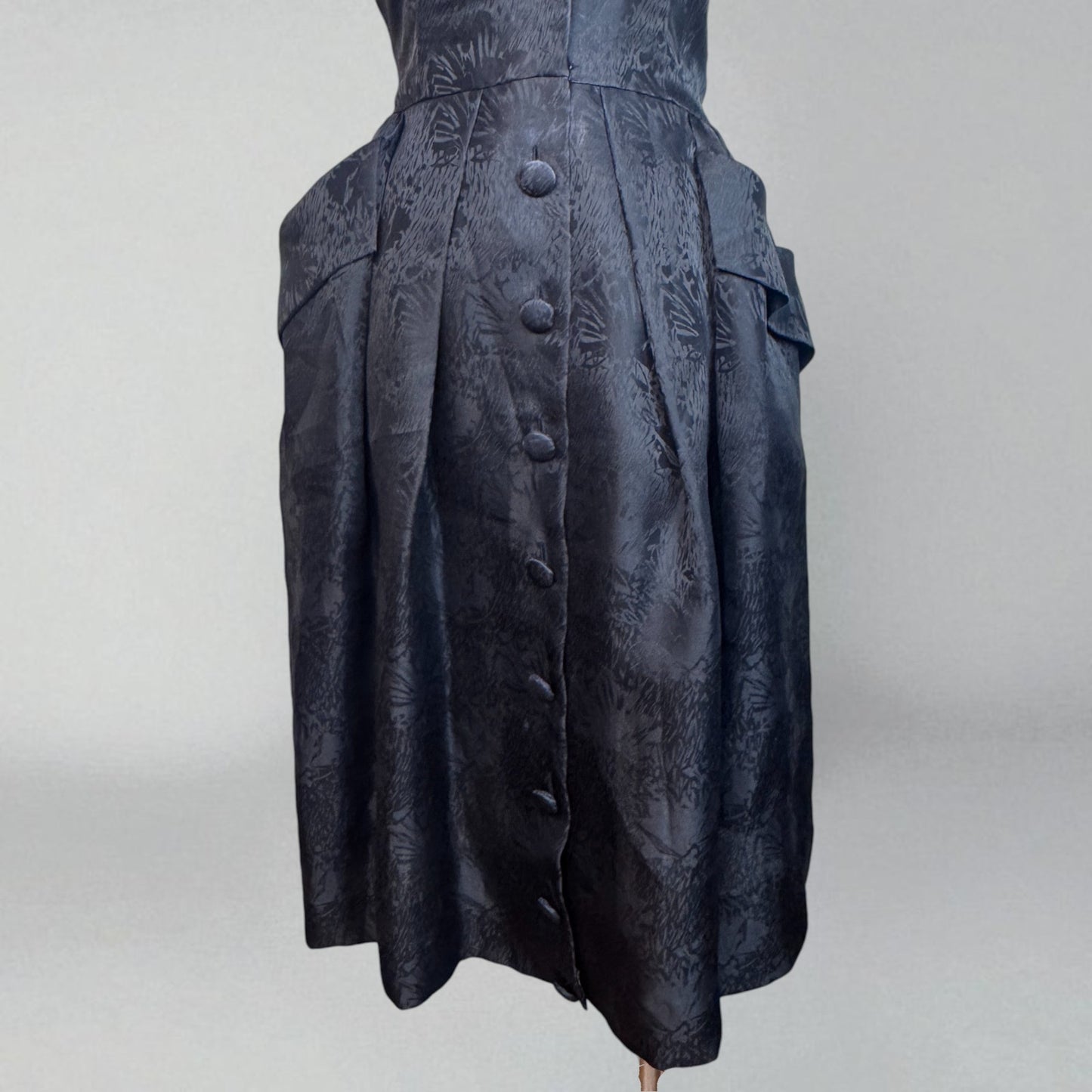 Vintage Dress 1990s Oscar De La Renta Collared Brocade Button Front Black Midi M