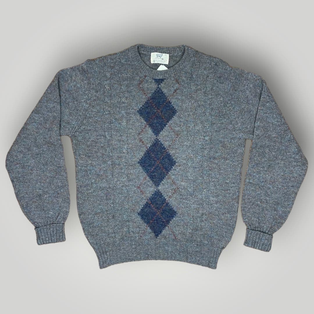 Vintage Shetland Wool Crewneck Pullover Argyle Lord Jeff 1970s Gray Blue Large