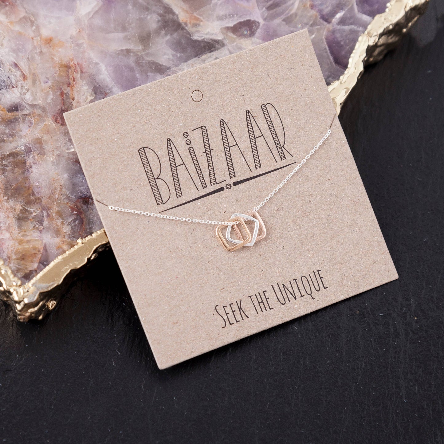 Tri-metal Three Square Necklace