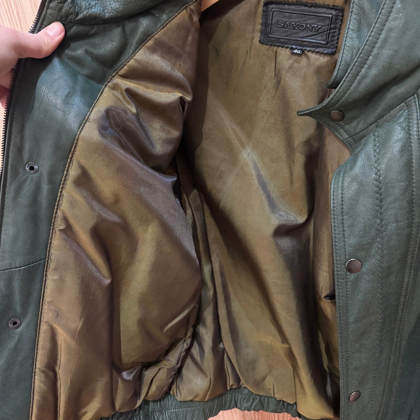 Vintage 1990s Saxony Leather Jacket Bomber Green Rare Men's Large Excellent