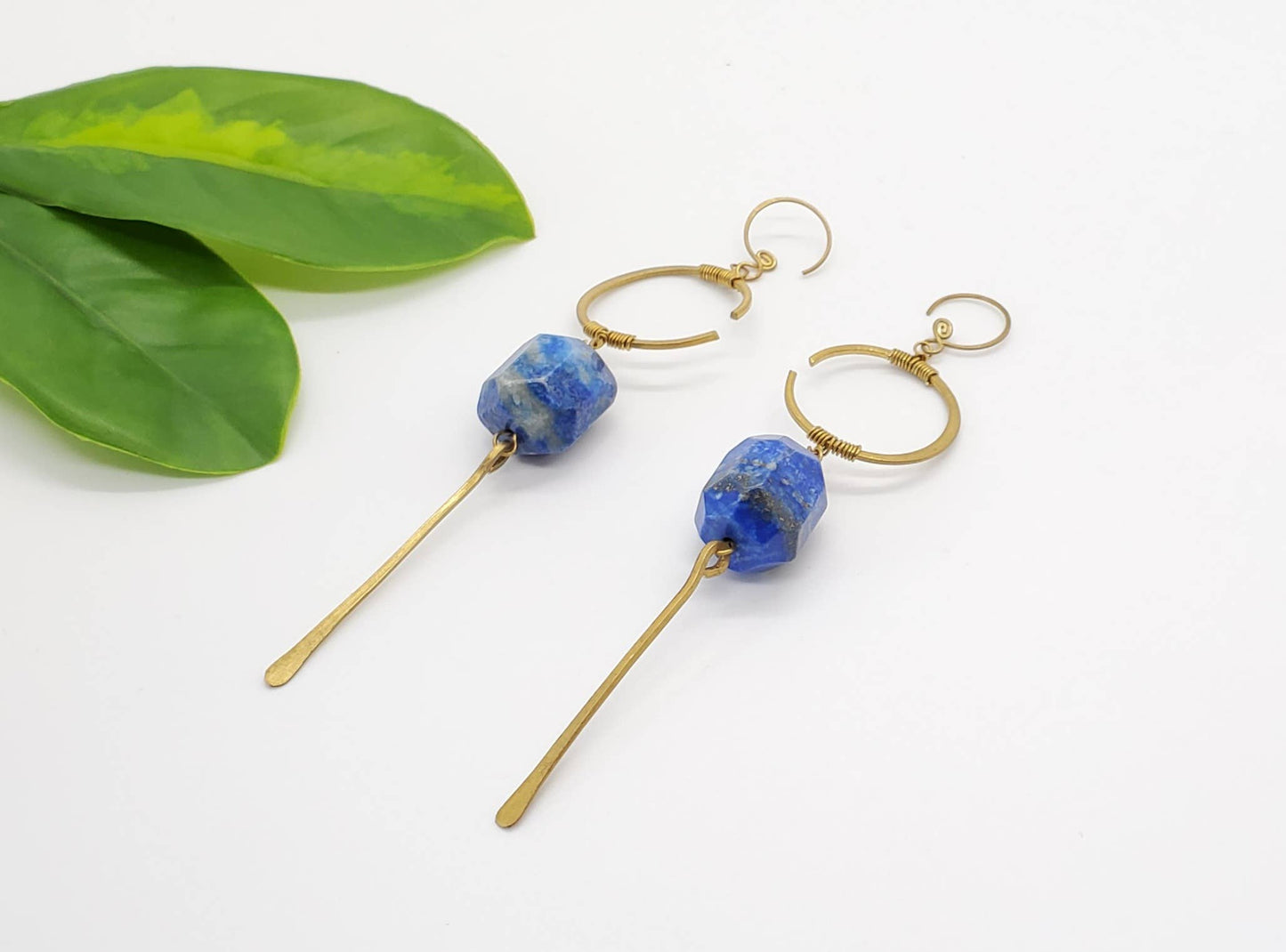 Brass Crescent with Rough Cut Stone Earring
