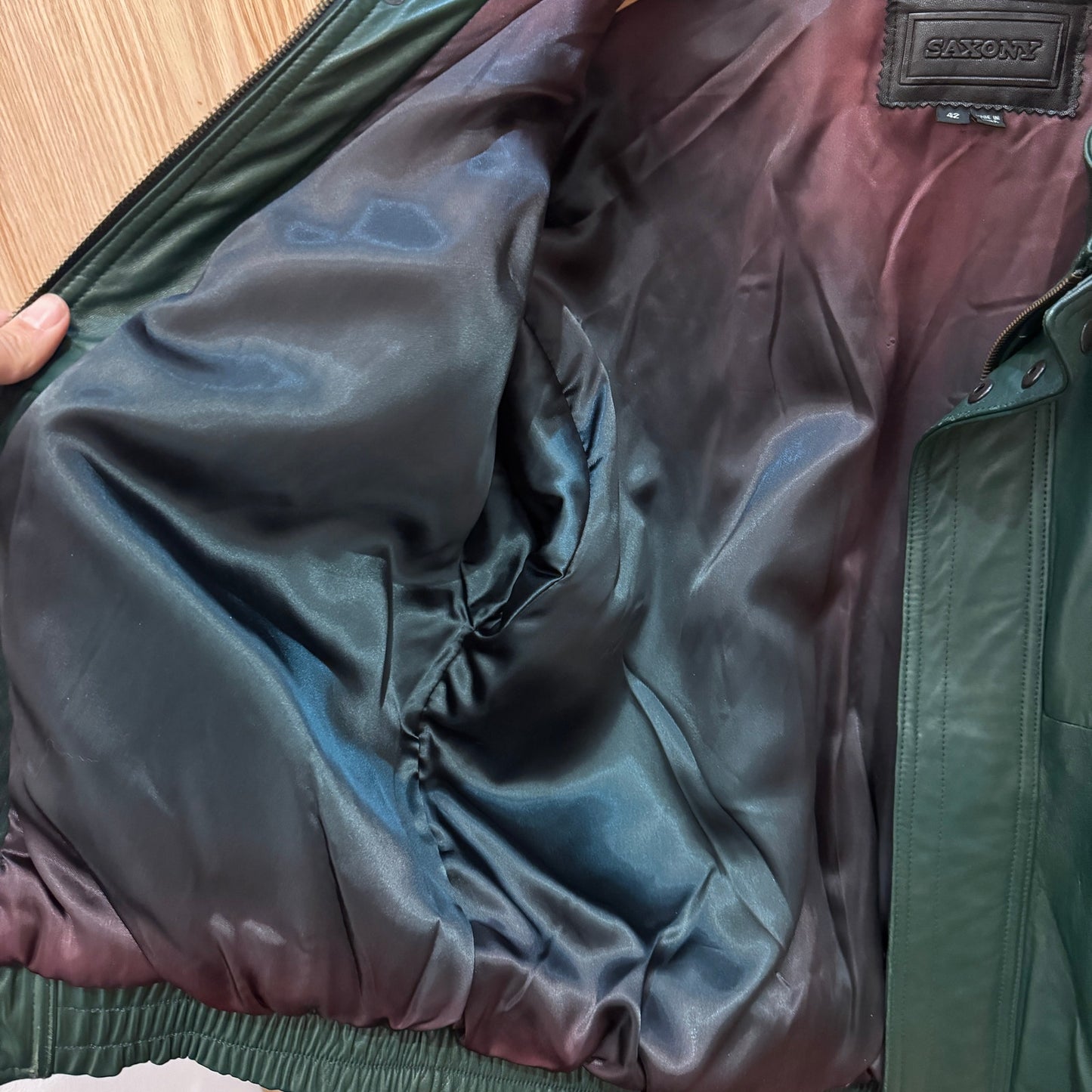 Vintage Saxony Leather Jacket Bomber Dark Green Rare 1990s Men's L