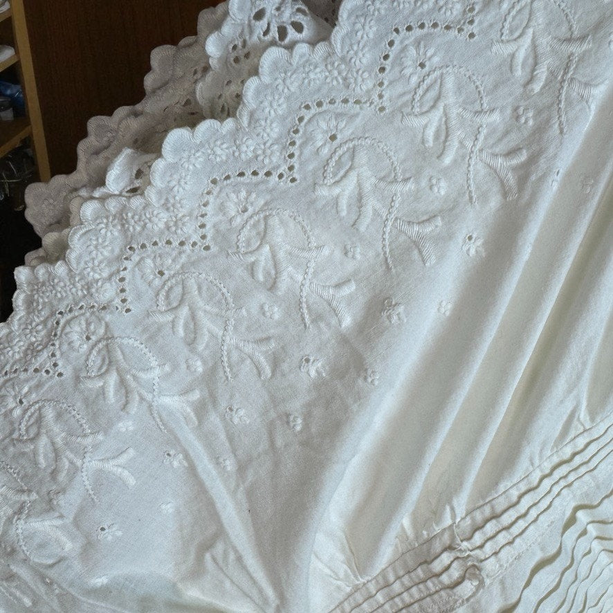 Vintage Antique Edwardian White Cotton Petticoat Skirt Tiered Embroidered Eyelet