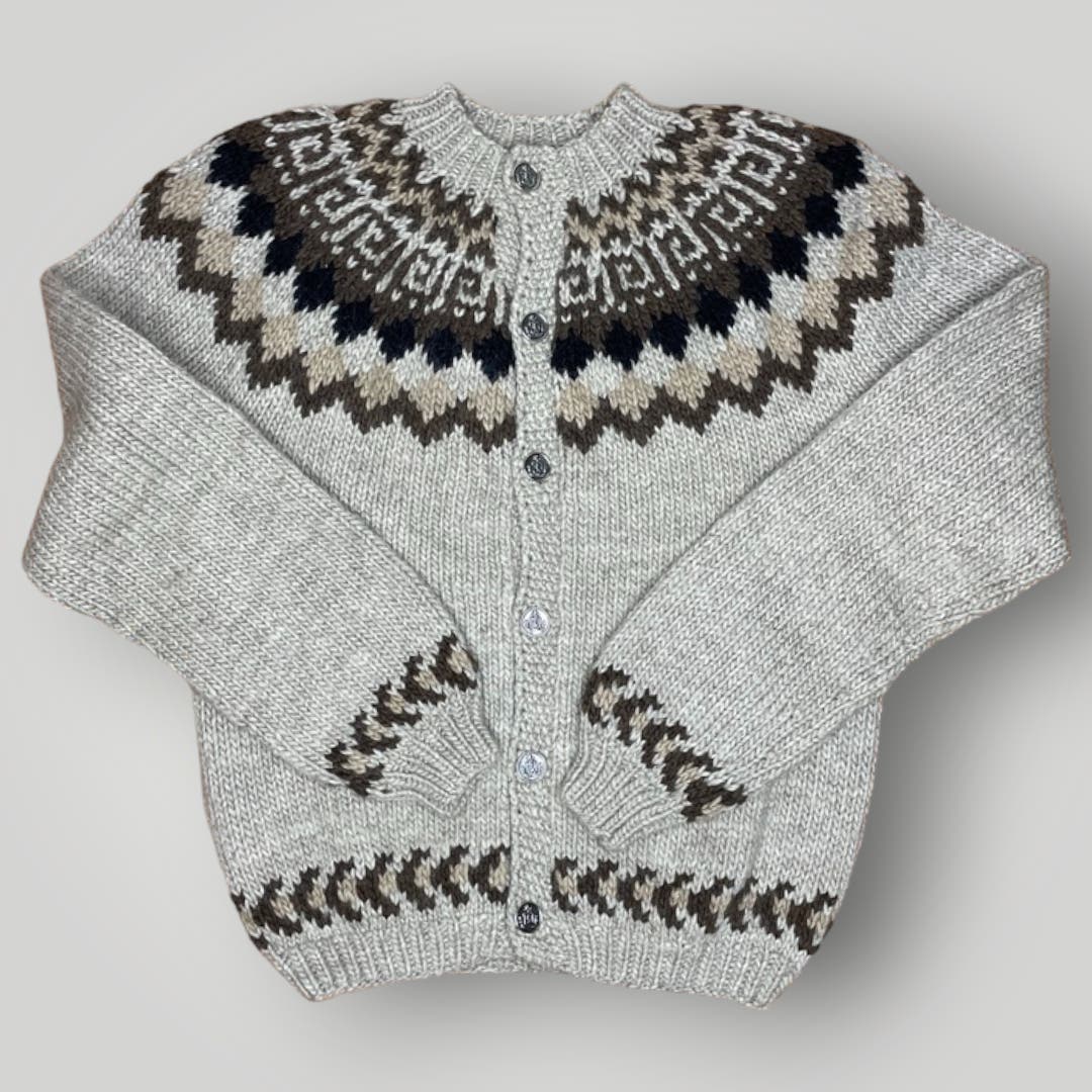 Vintage Handknit Wool Cardigan Chunky Warm Neutrals Fair Isle Top Large