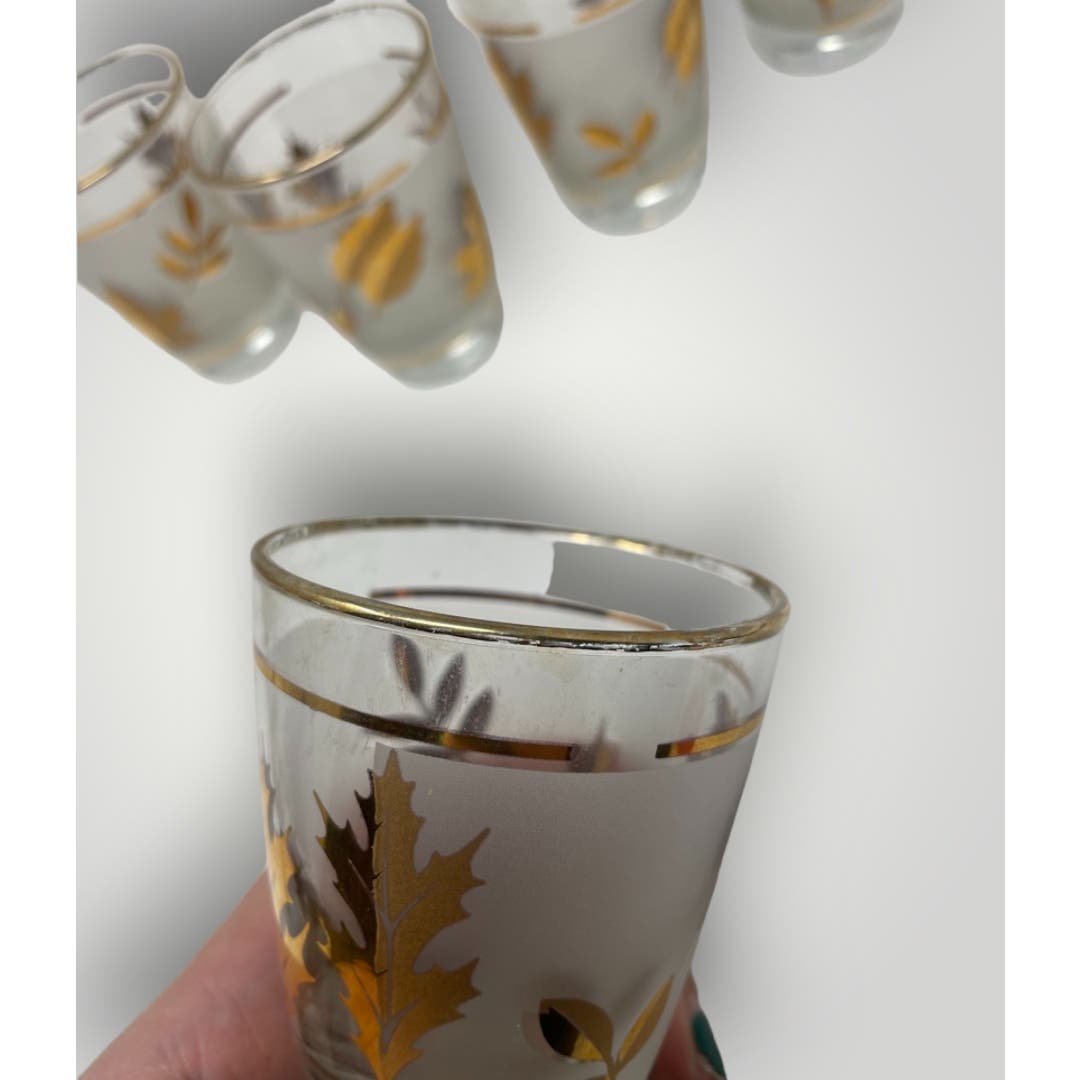 Vintage Libbey Golden Foliage Juice Glasses Retro MCM Barware Gold Frosted Leaves