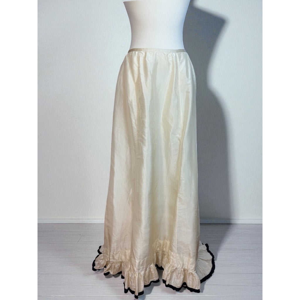 Antique Victorian Silk Skirt with Train Bustle Ivory Black Trim Ruffle Petticoat
