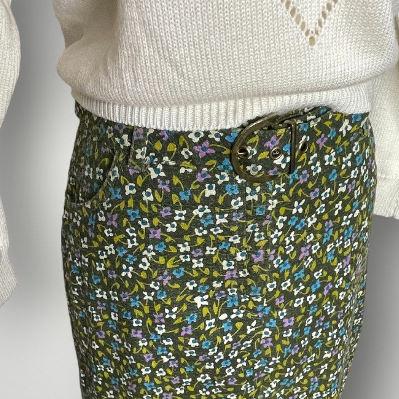 Vintage 1970s Floral Belted Mini Skirt Ditsy Skirt Green Blue Women's Small L