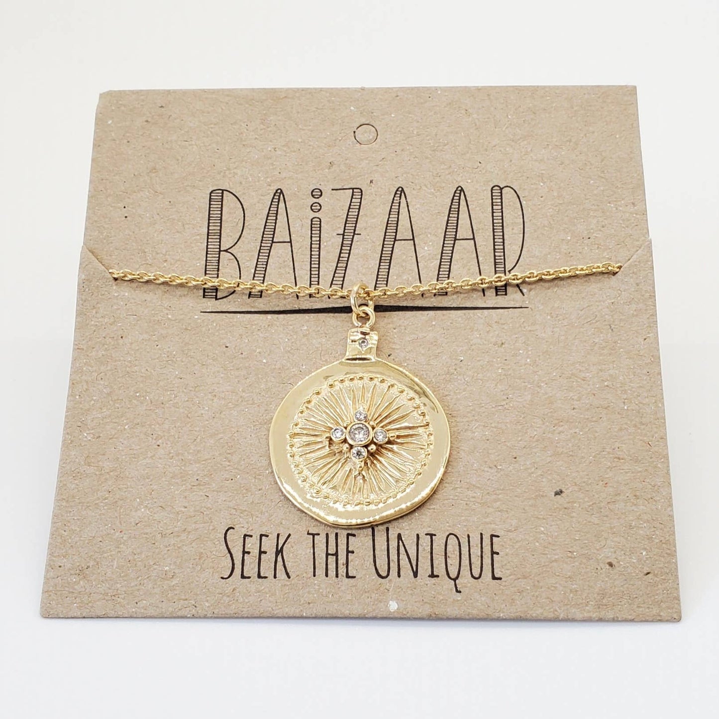 Polished Brass Crystal Medallion Necklace