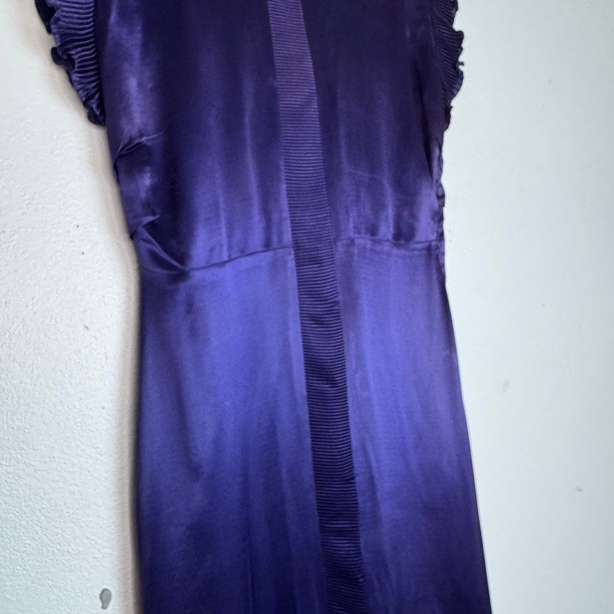 Vintage 1930s Dress Purple Maxi Pleated Ruffle Detail Sequin Sm or Med Satin