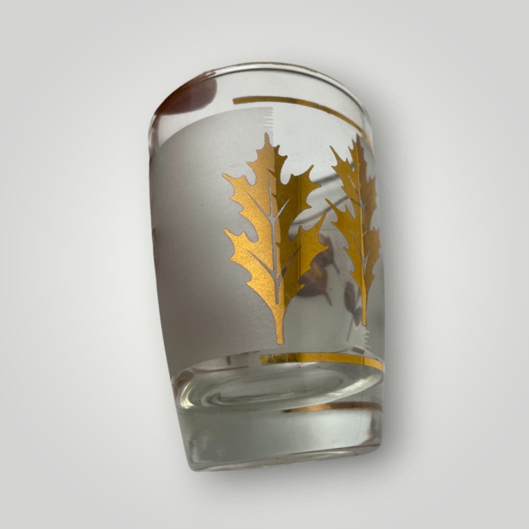 Vintage Libbey Golden Foliage Juice Glasses Retro MCM Barware Gold Frosted Leaves