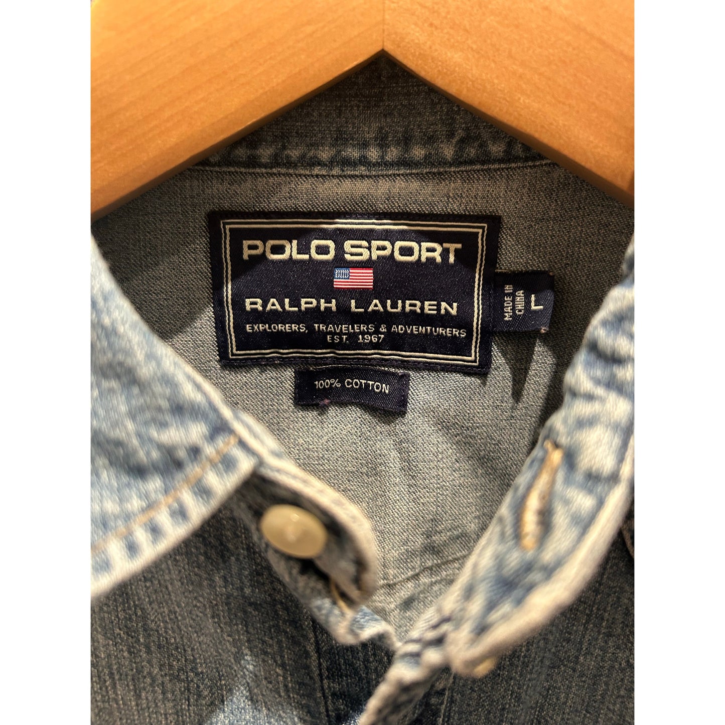 Vintage 1990s Polo Sport Denim Shirt Pearl Snap Sawtooth Pockets Men's Large