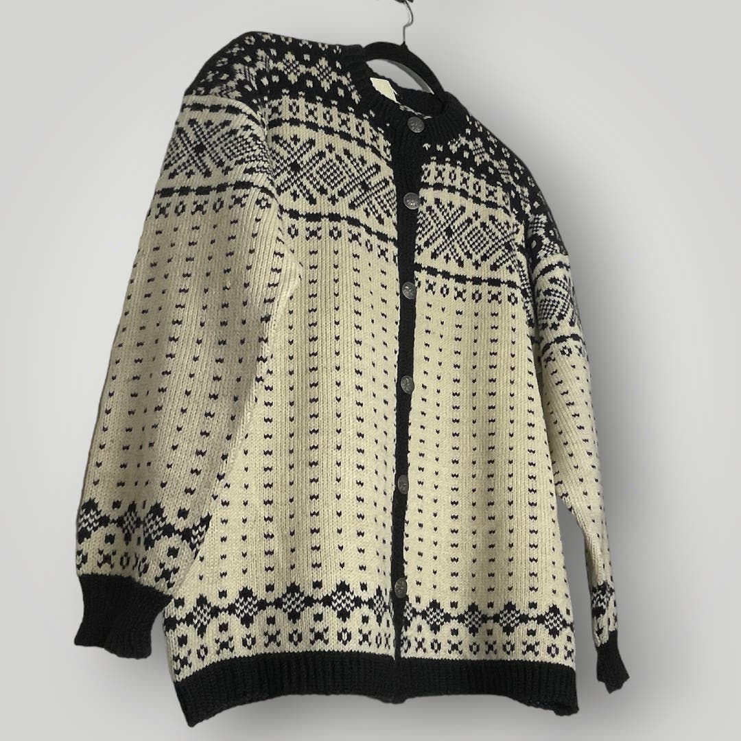 Vintage Handmade Knit Scandinavian Cardigan Sweater Cream Black Large XL Wool
