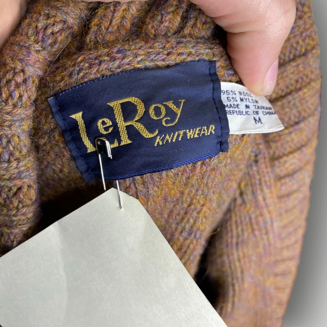 Vintage LeRoy Wool Cardigan Brown Marled Top Balloon Sleeve Women's Shawl Collar