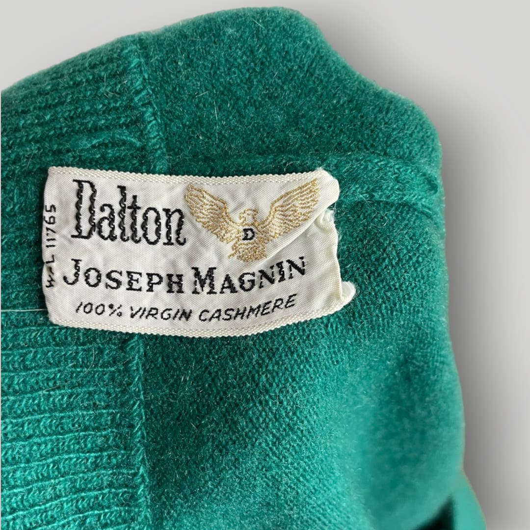 Vintage 1960s Dalton Joseph Magnin 100% Virgin Cashmere Green Sweater Button