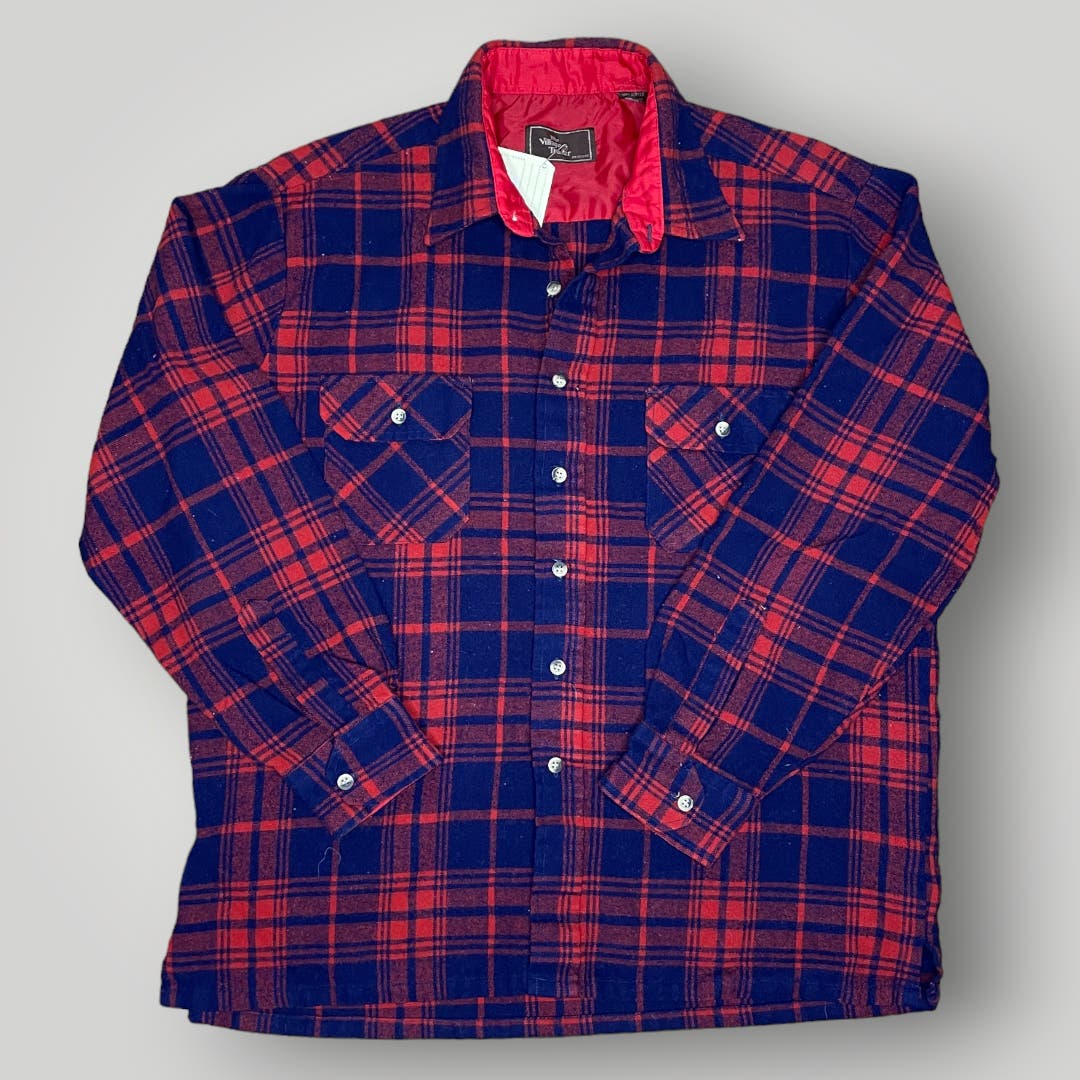 Vintage Red Blue Plaid Flannel Village Trader 100% Acrylic Button Front Men's XL
