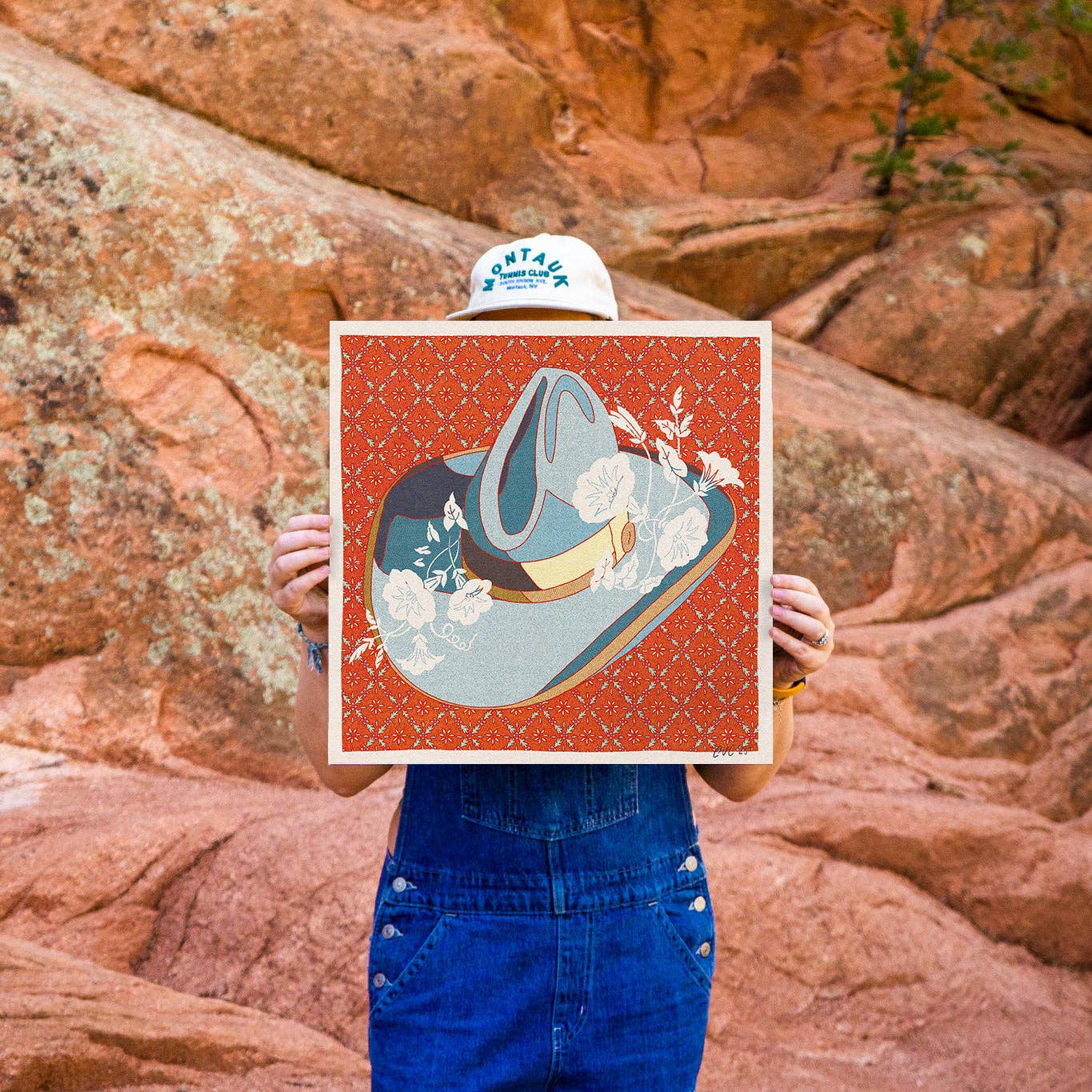 Blue and Red Cowboy Hat Floral Art Print