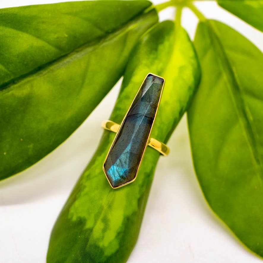 Long Brass Labradorite Bar Ring