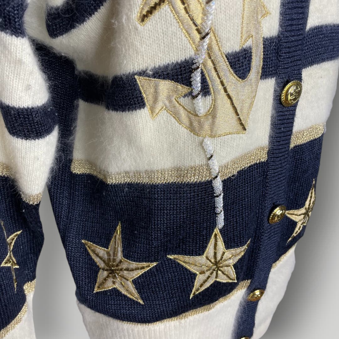 Vintage Nautical Theme Star Angora Lambswool Striped Cardigan Sweater