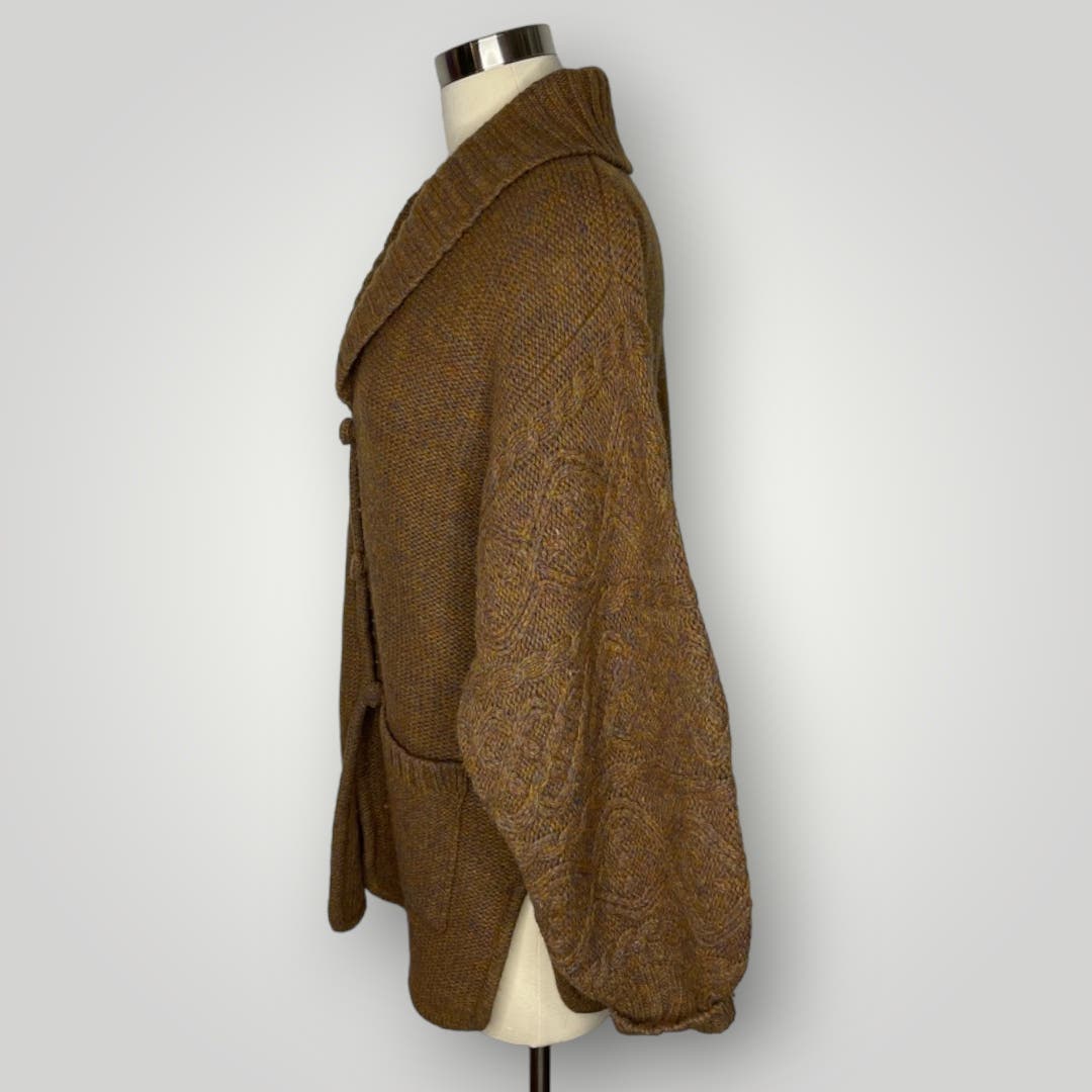 Vintage LeRoy Wool Cardigan Brown Marled Top Balloon Sleeve Women's Shawl Collar