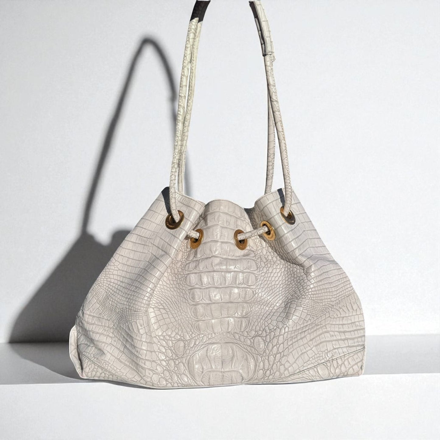 Vintage Brahmin Bag Deidre White Drawstring Melbourne Crocodile Embossed Purse