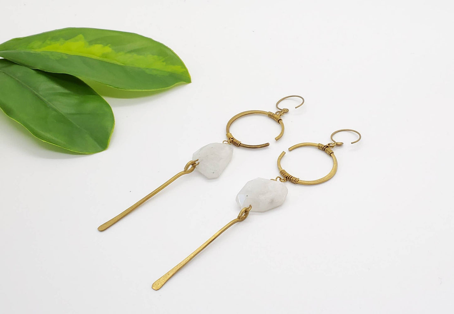 Brass Crescent with Rough Cut Stone Earring