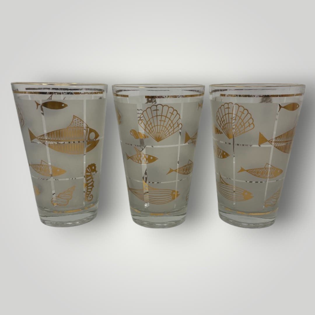 Highball Glasses Frosted 22k Gold Fish Shell Decor Set 3 Mid Century Modern