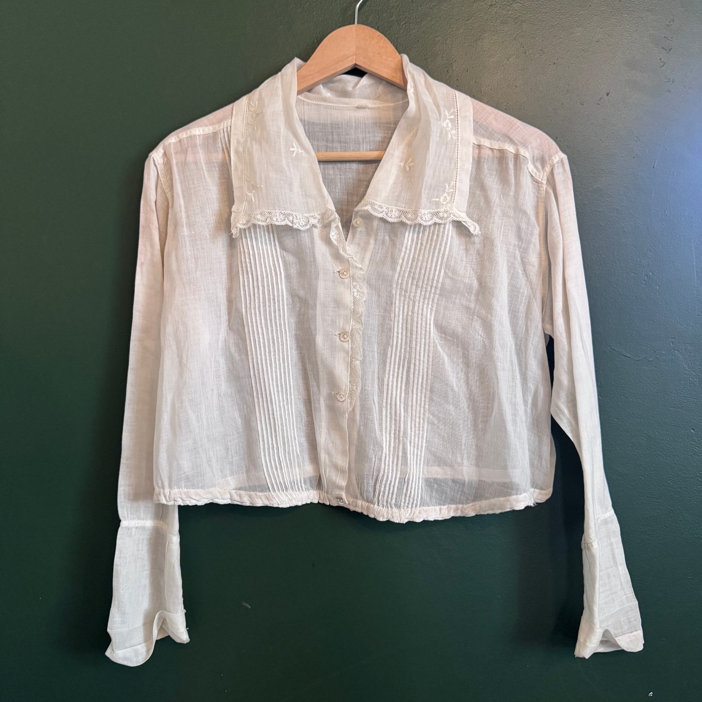 Antique Edwardian 1910s Top Sheer Cotton Voile Embroidery Ivory Blouse Shirtwaist