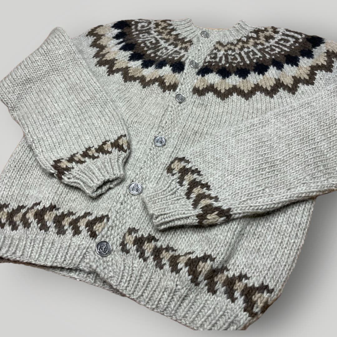 Vintage Handknit Wool Cardigan Chunky Warm Neutrals Fair Isle Top Large