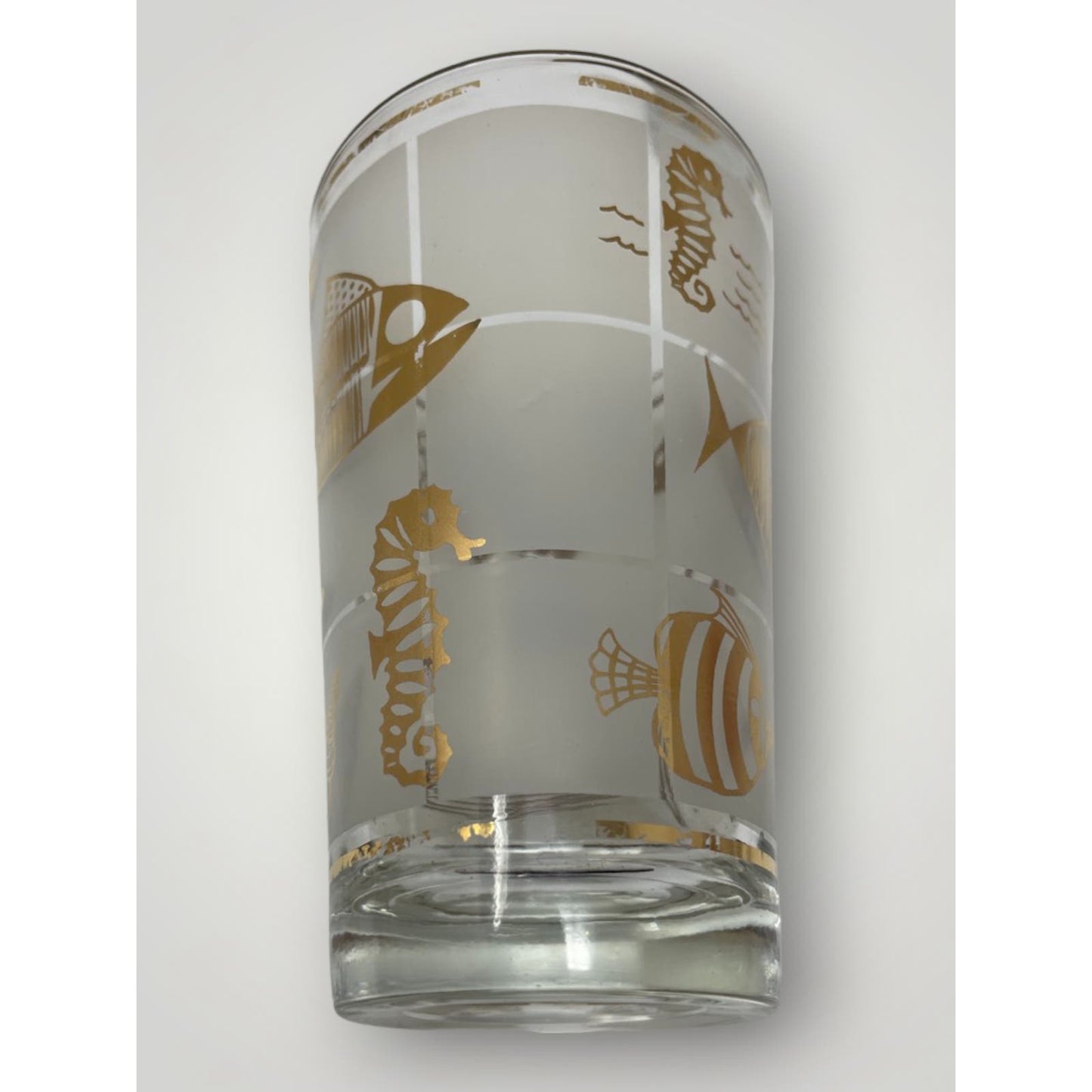 Highball Glasses Frosted 22k Gold Fish Shell Decor Set 3 Mid Century Modern