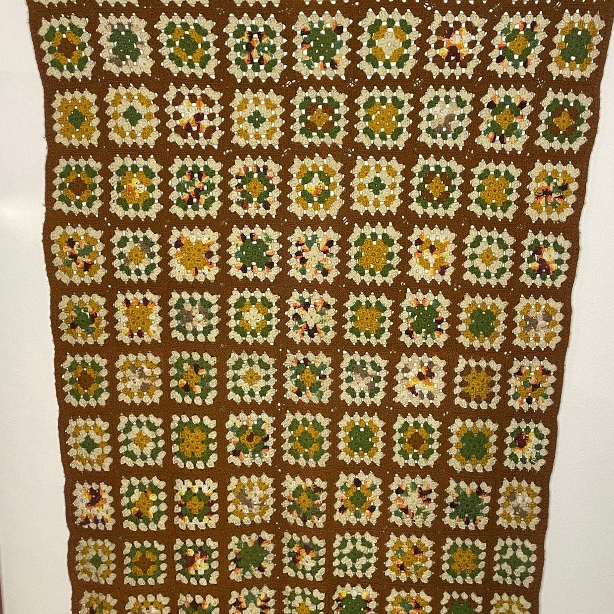 Vtg Granny Square Afghan Brown Green Multicolor 50x82 Handmade Crocheted